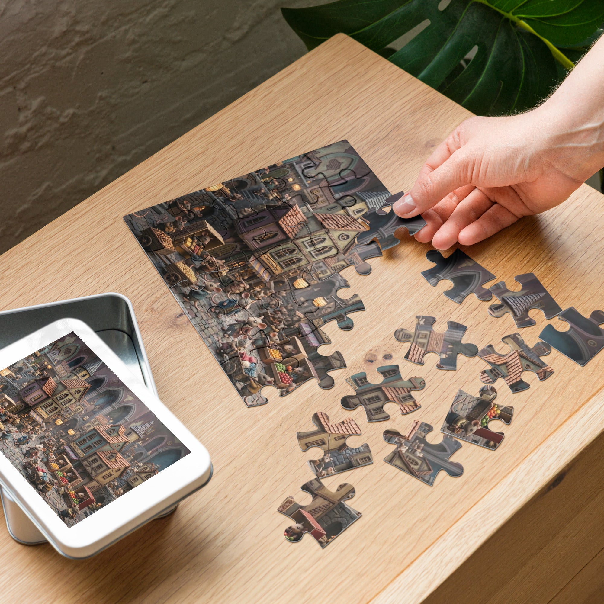 Assembling Mouse Market Town Jigsaw Puzzle in Tin with detailed miniature mice town scene.