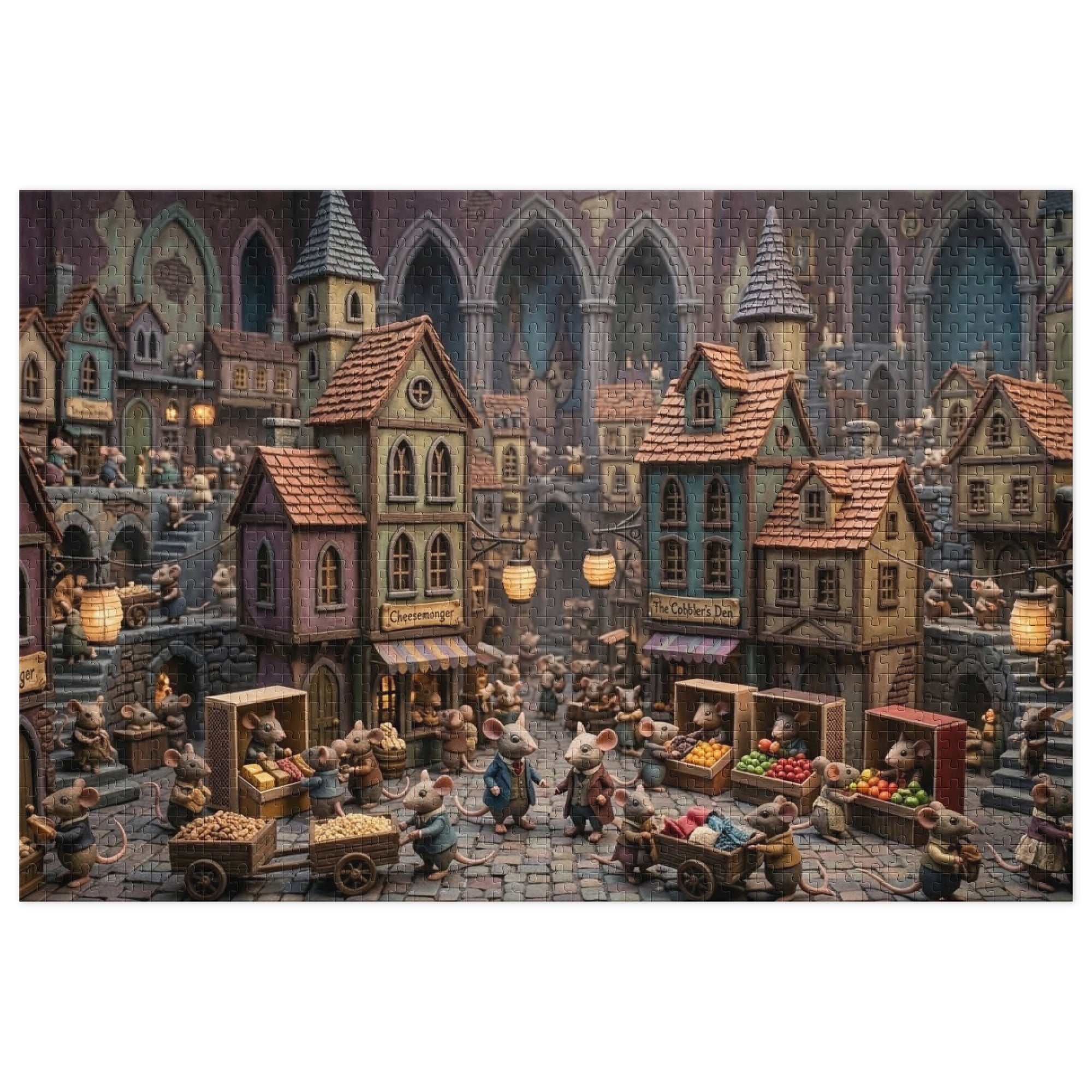 Mouse Market Town Jigsaw Puzzle in Tin featuring a charming miniature town with mice and detailed shopfronts in a cozy market square.