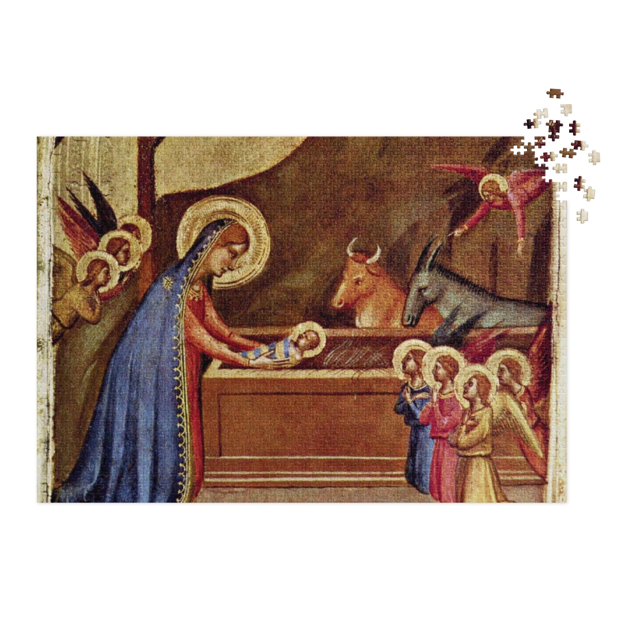 Nativity of Jesus by Bernardo Daddi Puzzle in Tin showcasing Daddi's painting influenced by Giotto, available in multiple sizes.