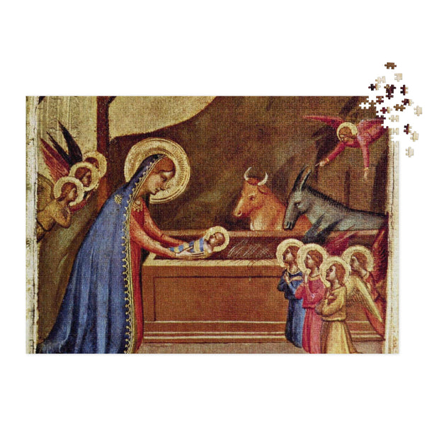 Nativity of Jesus by Bernardo Daddi Puzzle in Tin showcasing Daddi's painting influenced by Giotto, available in multiple sizes.