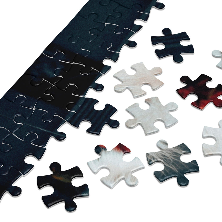 Pieces of the Pomeranian Portrait Jigsaw Puzzle in Tin, showcasing vibrant colors and intricate shapes.