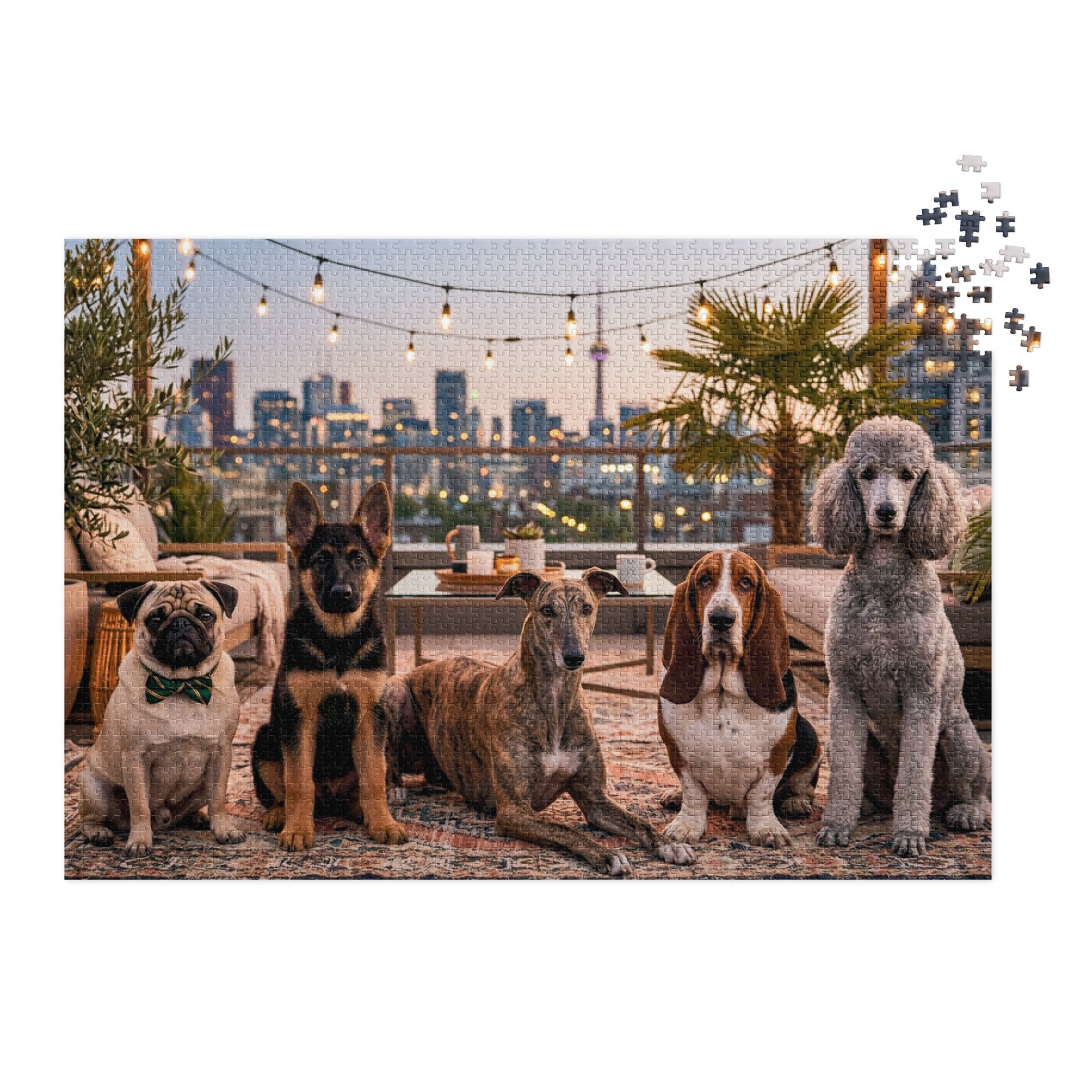 Pug, German Shepherd, Whippet, Basset Hound & Poodle Jigsaw Puzzle in Tin featuring a rooftop scene with dogs at sunset.
