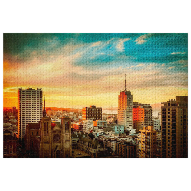 San Francisco Sunset Skyline Puzzle Tin Edition with glowing sunset and iconic cityscape.