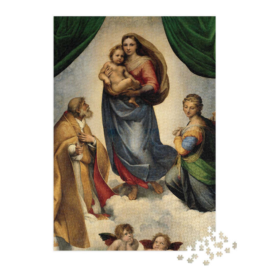 Sistine Madonna by Raphael Puzzle in Tin featuring iconic Renaissance artwork, available in multiple sizes, packaged in decorative tin box.