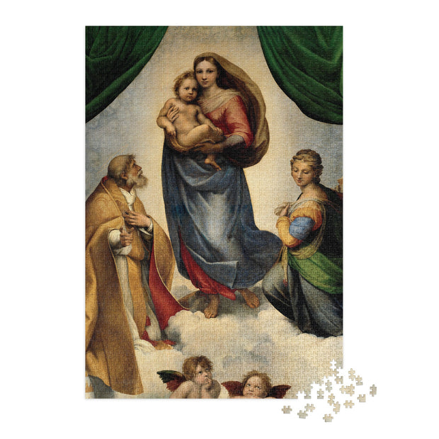Sistine Madonna by Raphael Puzzle in Tin featuring iconic Renaissance artwork, available in multiple sizes, packaged in decorative tin box.