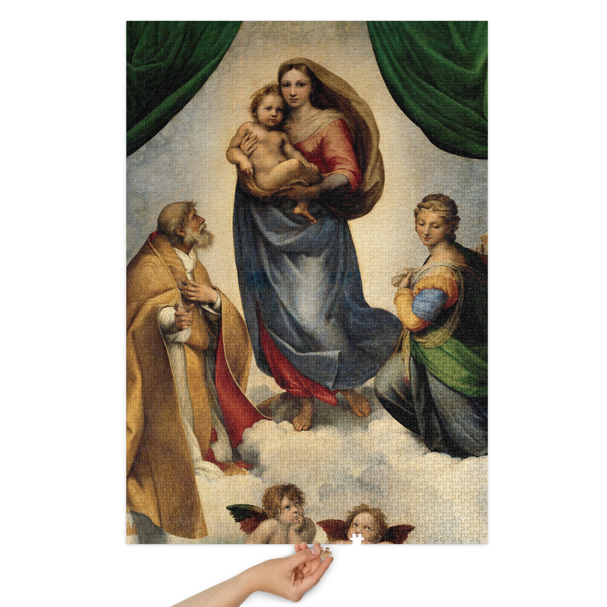 Sistine Madonna by Raphael Puzzle in Tin showing iconic Renaissance artwork on glossy jigsaw, available in multiple sizes.