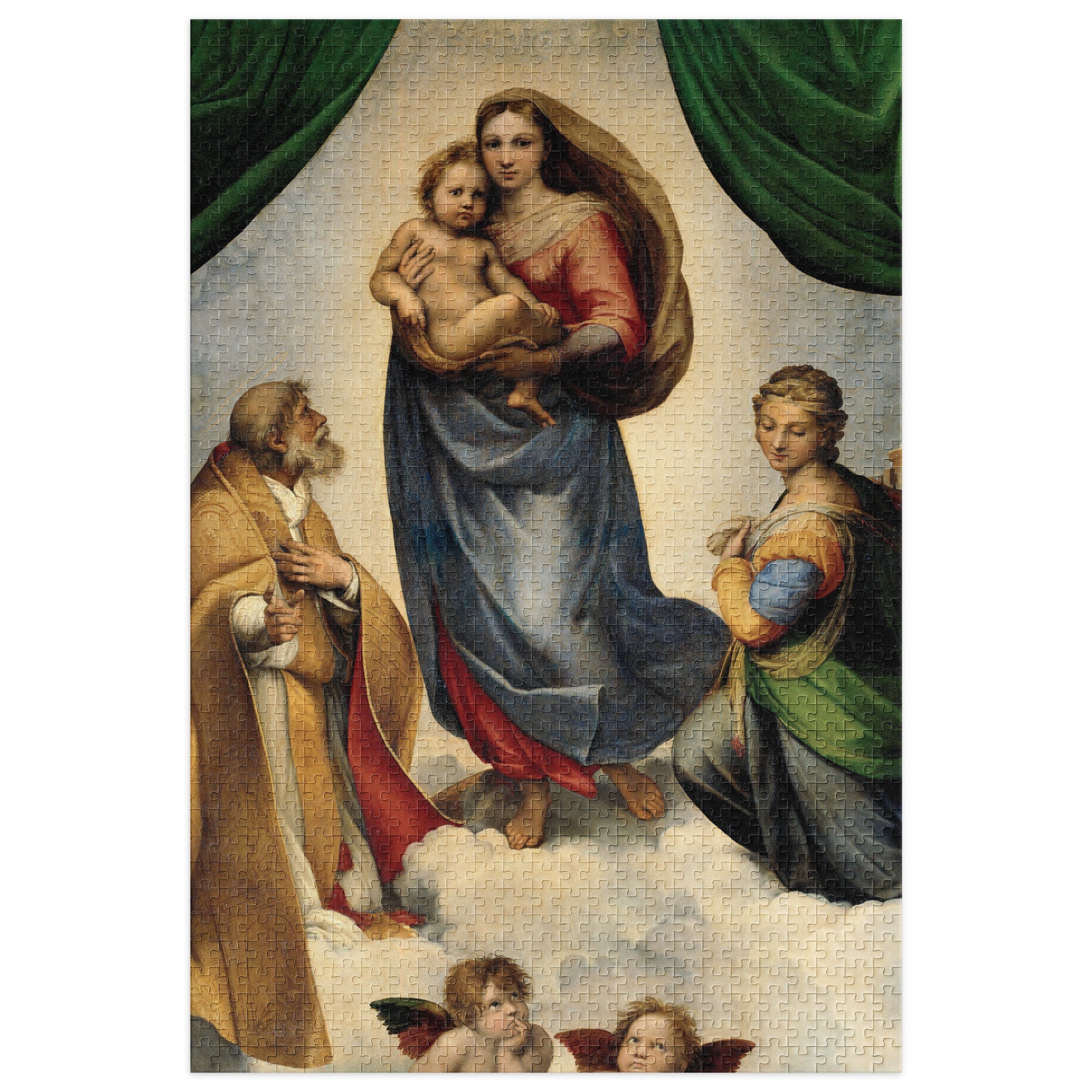 Sistine Madonna by Raphael Puzzle in Tin featuring iconic Renaissance artwork, available in multiple sizes with glossy finish.