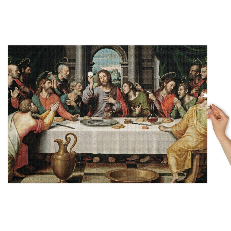 The Last Supper by Joan de Joanes Puzzle in Tin, depicting vibrant artwork from the oil painting, available in multiple sizes.