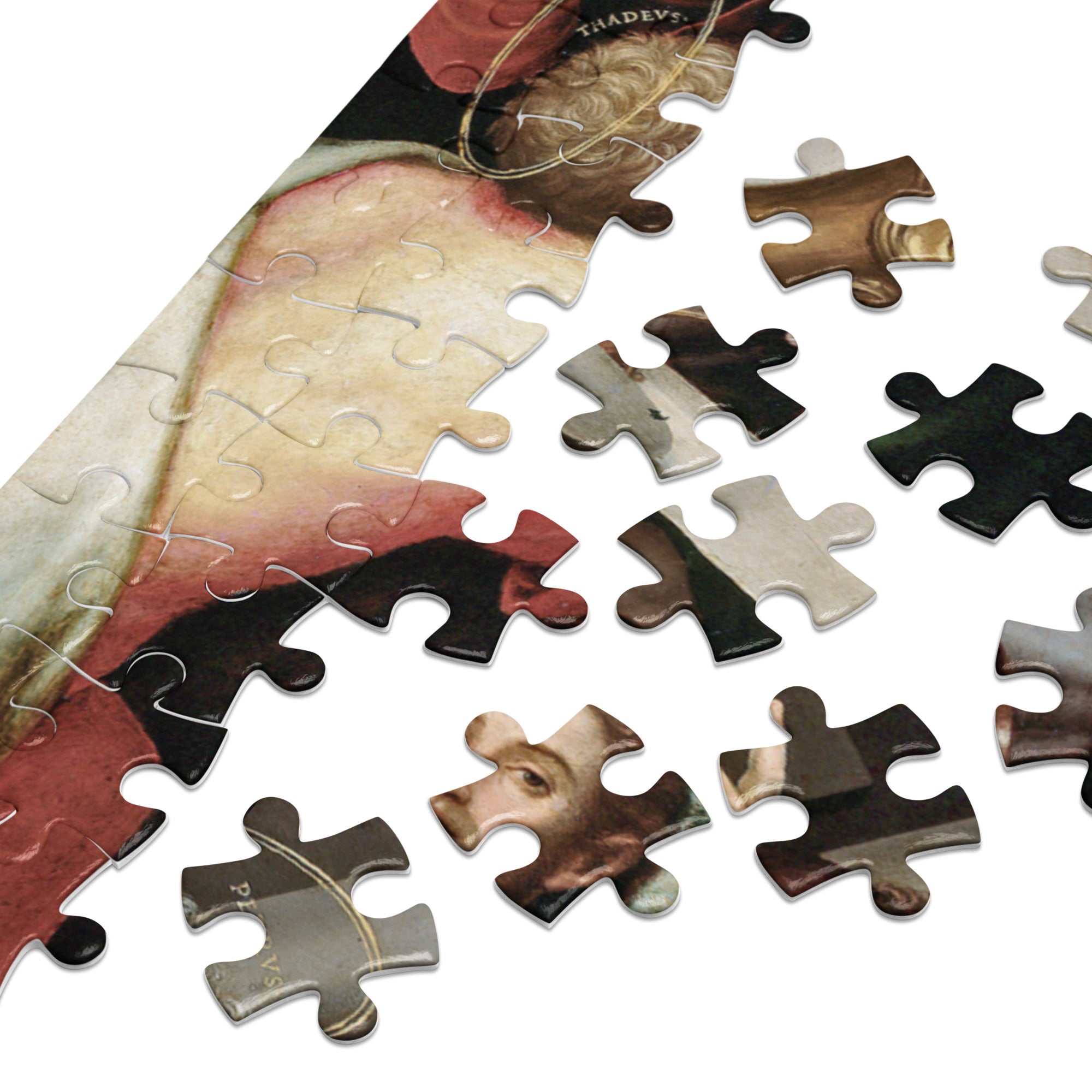 The Last Supper by Joan de Joanes Puzzle in Tin showing partially assembled glossy pieces with vibrant artwork on white background.