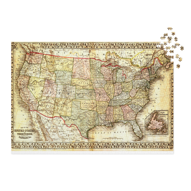 Vintage USA Map Jigsaw Puzzle in Tin with intricate antique design and ornate borders, featuring detailed state lines and aged textures
