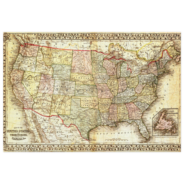 Vintage USA Map Jigsaw Puzzle in Tin featuring an antique style map of United States with ornate borders and warm textures.