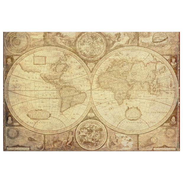 Vintage World Map Jigsaw Puzzle in Tin with antique sepia tones and intricate dual hemispheres design.