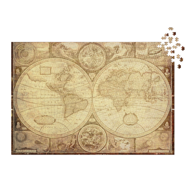 Vintage World Map Jigsaw Puzzle in Tin with sepia tone and twin hemispheres, featuring antique-style celestial and decorative elements.