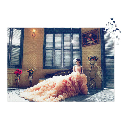Vintage Bridal Salon Elegance Puzzle Tin Edition featuring a woman in a flowing gown in a sunlit vintage room.