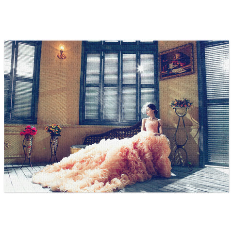 Vintage Bridal Salon Elegance Puzzle Tin Edition featuring a woman in a flowing gown in a sunlit vintage interior.