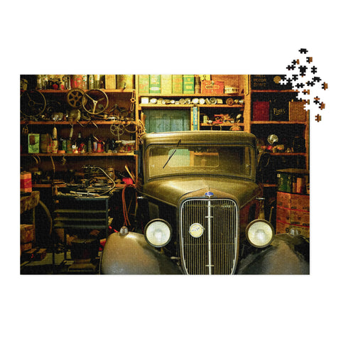 Vintage Garage Classic Car Puzzle Tin Edition featuring a classic car inside a vintage garage with tools and spare parts.