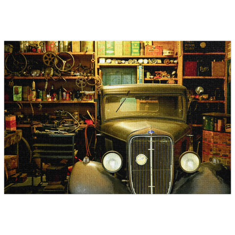 Vintage Garage Classic Car Puzzle Tin Edition featuring a classic car in a vintage garage with tools and retro elements, warm atmosphere.